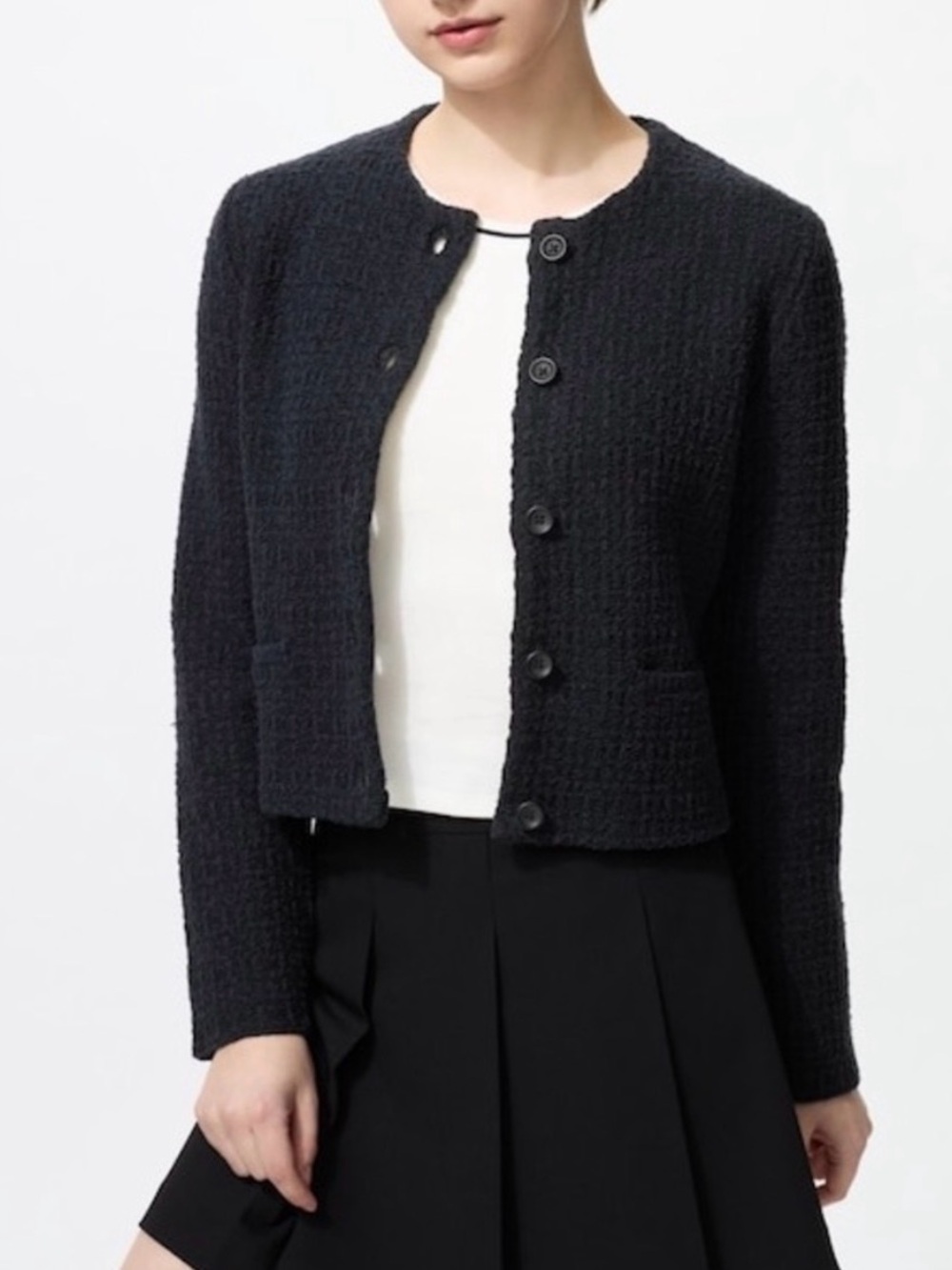 Uniqlo Black Knit Round-Neck Button Up Sweater